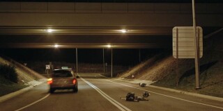 Patricia Piccinini 22. Nature's Little Helpers: Roadkill. (Members of the group display unexpected empathy towards one of the increasing number of casualties.), 2005; Digital C type photographs; 110 x 180 cm; 110 x 180 cm (frame size); Edition of 6; Enquire