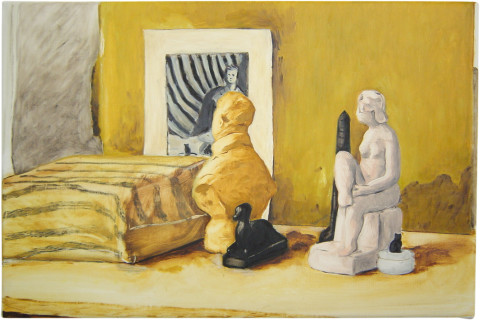 Linda Marrinon Still life with black tower and bust, 2002; oil on canvas; 30.5 x 45.5 cm; enquire