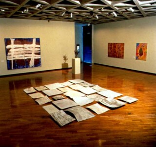 Rosalie Gascoigne Overland, 1996; rectangles of warped white plywood; 360 x 290 cm; enquire