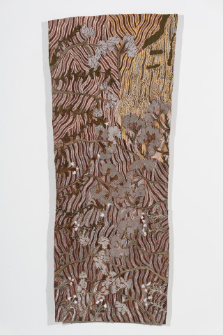 Yalmakany Marawili Nindjiya the floodplain, 2025; 6568-25; earth pigments on stringybark; 200 x 80 cm; more info; enquire