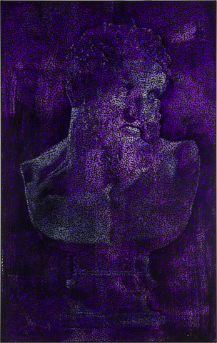 Daniel Boyd Untitled (ISTHWRFBML), 2022; oil, acrylic, charcoal, pastel and archival glue on linen; 152.5 x 96.5 cm; more info; enquire