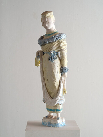 Linda Marrinon Woman with fake fur, 2013; Tinted and painted plaster, hessian and muslin; 89 x 19 x 25 cm; enquire