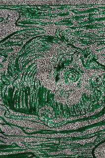 Daniel Boyd Untitled (WMSHGBHSH) (detail), 2025; oil, acrylic and archival glue on canvas; 150 x 364 cm; enquire