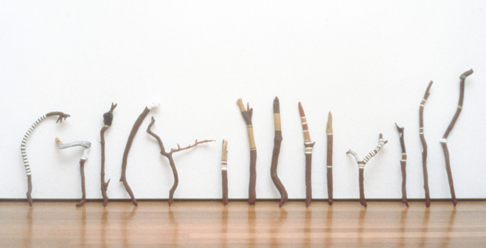 Booral Driftwood, 1990/1991; acrylic and pigment with PVC binder on driftwood; 14 pieces of varying sizes