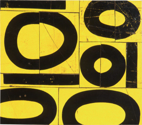 Rosalie Gascoigne Fishbowl, 1999; retro reflective roadsign on wood; 32 x 37 cm; enquire
