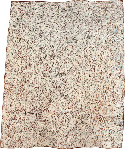 Nyapanyapa Yunupiŋu Circles, 2011; 4035L; natural earth pigments on bark; 120 x 99 cm; enquire