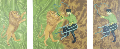 Maria Kozic Manimal (lion - tamer), 1989; acrylic on three canvases; 134.5 x 323 cm; enquire