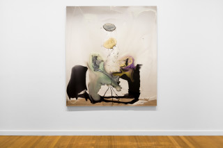 installation view; Dale Frank He worried that he might forget himself, his thoughts might jump out with the ability to speak aloud, with a mind of their own, and a nastiness, trace his searching stare to caress her outline under her clothes, 2026; colour powder pigments in Epoxyglass, Epoxyglass, on perspex; 200 x 180 cm; enquire