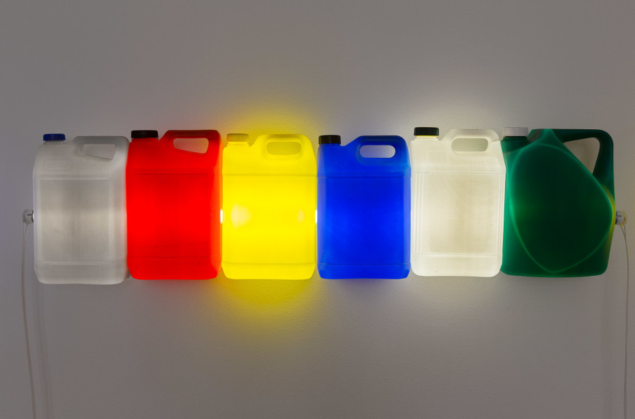 Bill Culbert Strait (Grey Red Yellow Blue White Green), 2015; fluorescent light, plastic bottles; 32 × 120 × 12cm