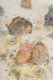 John Wolseley Walk across geological strata – Proterozoic to late Silurian: each step a million years II (detail), 2025; watercolour, graphite, charcoal, frottage and nature prints on paper; 123 x 135 cm; 143 x 151 cm (framed); enquire