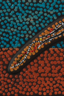 Daniel Boyd Untitled (SBHTCIHSCP) (detail), 2025; oil, watercolour, pencil, found boomerang and archival glue mounted on wooden panel; 20 x 80 cm; enquire