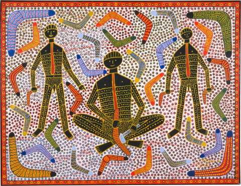 Robert Campbell Jnr Teaching To Make Boomerangs, 1990; acrylic on canvas; 92 x 119 cm; enquire