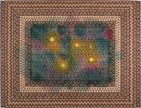 Dale Frank The Dead Father and The Loving Lust, 1991; acrylic on blockprint cotton; 200 x 260 cm; enquire