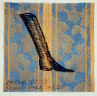 Jacqueline Fraser >, 2002; from the series Jacqueline Fraser 14.7.2002 Parisian Fabric Drawings; Oil stick on blue and gold striped brocade; 32 x 32 cm; enquire