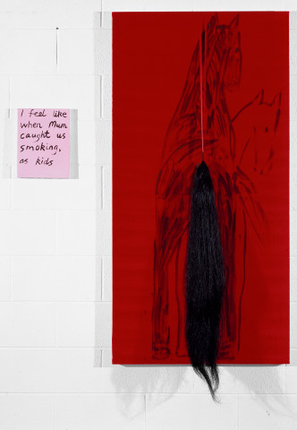 Jenny Watson Animal Husbandry, 1992; Oil on velvet with ribbon and false horse tail; 149cm  x 75cm; 30.5cm  x 23cm; enquire