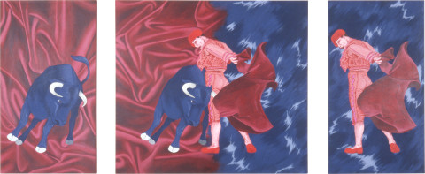 Maria Kozic Manimal (bull - fighter), 1989; acrylic on three canvases; 134.5 x 323 cm; enquire
