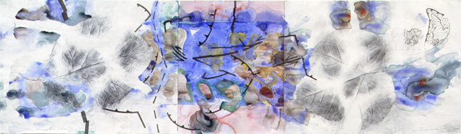 John Wolseley Javan leaf and Tiwi leaf, continental drift, 2001; watercolour on paper; 56 x 199 cm; enquire