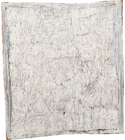Nyapanyapa Yunupiŋu White Painting #5, 2009; 3586V; Natural earth pigments on bark; 95 x 89 cm; enquire