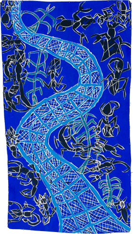 Dhambit Munuŋgurr Dhakawa at Wandawuy, 2020; 3164-20; earth pigments and acrylic on bark; 186 x 104 cm; more info; enquire