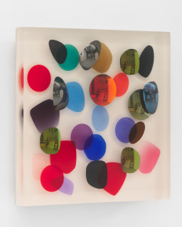 Jim Lambie February 2014, Diamonds Above, 2026; resin, sunglasses lens, birch plywood, paint; 33 x 33 x 5 cm; enquire