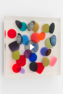 Jim Lambie February 2014, Diamonds Above, 2026; resin, sunglasses lens, birch plywood, paint; 33 x 33 x 5 cm; enquire
