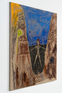Jenny Watson Woman in a hole, 1990; oil, Indian pigments, haberdashery and collage on Belgian linen; 173.5 x 183 cm; enquire