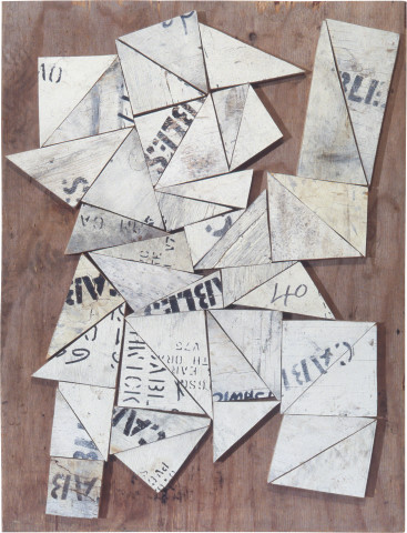 Rosalie Gascoigne Gazette, 1994; sawn wood on plywood; 77.5 x 59 cm; enquire