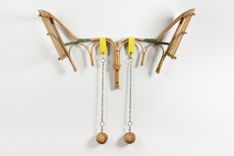 Sarah  Contos Bat, 2019; repurposed cane, leather, wood, stainless hardware; 120 x 128 x 27 cm; enquire