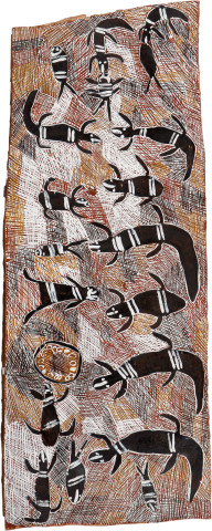 Nyapanyapa Yunupiŋu Biranybirany, 2008; 3242A; natural earth pigments on bark; 136 x 54 cm; enquire