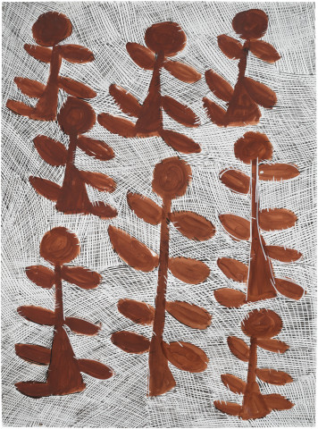 Nyapanyapa Yunupingu Djorra (paper) 12, 2014; 4684A; felt tip pen, earth pigments on discarded print proofs; 75 x 56 cm; Enquire