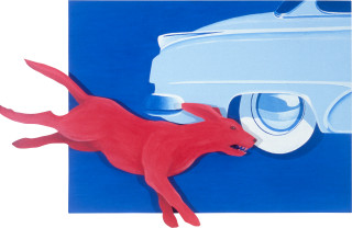 Maria Kozic Dog-Car, 1985; from the series Animal Vehicles; acrylic paint on wood; 110 x 122 cm; enquire