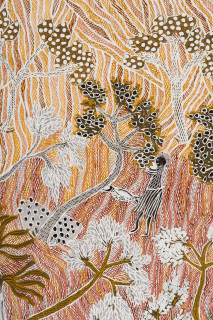 Yalmakany Marawili Borum'mirri (Fruitful) (detail), 2025; 5953-25; earth pigments on stringybark; 207 x 109 cm; enquire