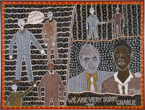 Robert Campbell Jnr Charlie We’re Very Sorry, 1990; ochre on canvas; 90 x 188 cm; enquire