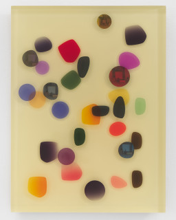 Jim Lambie June 2002, Love and Eternity, 2026; resin, sunglasses lens, birch plywood, paint; 60 x 45 x 5 cm; enquire