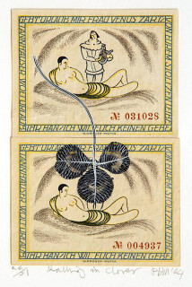 Fiona Hall Rolling in Clover - 26/51, 2004; Gouache on banknotes; 16.5 x 13cm (note) 37.6 x 33.7cm (frame); enquire