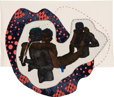 Pierre Mukeba (Watenda Mabaya Waliiba) (WEZI)/A gallop (on Napoleon’s Nag) across the bed of flowery thieves) Barbaric whips to kill against God’s will), 2022; Kikwembe, calico, oil paint, ink, brush pen, acrylic paint, pastel, fabric on unprimed canvas; 110 x 130 cm; more info; enquire