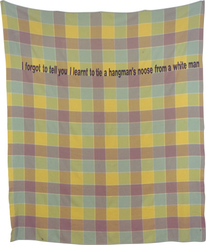 Fiona Foley On The Blanket 2, 2002; Vinyl lettering on woollen blanket; 213 x 206 cm; enquire