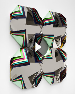 Jim Lambie Metal Box (Aurora Orchid), 2025; polished steel and aluminium sheets, gloss paint; 120 x 120 x 20 cm; enquire