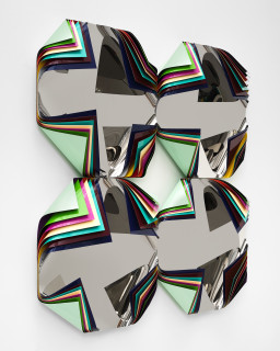 Jim Lambie Metal Box (Aurora Orchid), 2025; polished steel and aluminium sheets, gloss paint; 120 x 120 x 20 cm; enquire