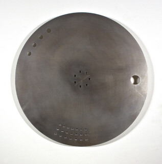 Marley Dawson High Speed counter-balance disc (study 5), 2011; polished 316 stainless steel, mild steel, bearings; 80 x 80 x 5 cm; enquire