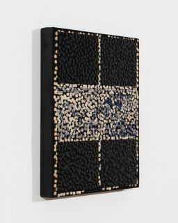 Daniel Boyd Untitled (TSVORIL), 2025; oil, ink and archival glue on paper mounted to board; 30 x 25 cm; enquire