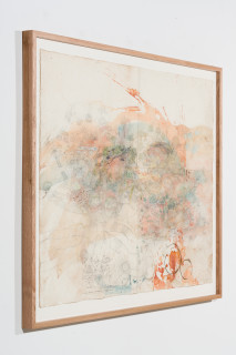 John Wolseley Great desert skink colony with map of basking mound, birthing pool and defecatorium, 2025; watercolour, graphite, charcoal and ink on paper; 117 x 153 cm; 135 x 169 cm (framed); enquire