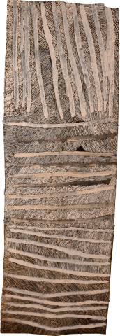 Nyapanyapa Yunupingu Lines Pink and Black 3, 2017; 4355-17; natural earth pigments on bark; 213 x 73 cm; Enquire