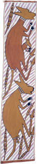 George Milpurrurru Kangaroos, 1989; natural ochre pigments on Stringybark; 150 x 32 cm; enquire