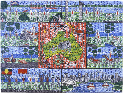 Robert Campbell Jnr The Past and Present of 200 years, 1987; acrylic on canvas; 91 x 120 cm; enquire