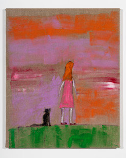 Jenny Watson Girl with black cat, 2026; acrylic and Japanese pigment on rabbit skin glue primed Belgian linen; 76 x 62.5 cm; enquire
