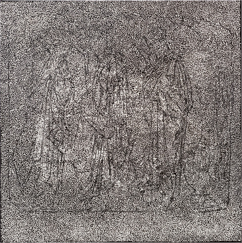 Daniel Boyd Untitled (UFC), 2022; oil, acrylic, charcoal, pastel and archival glue on linen; 150 x 150 cm; more info; enquire