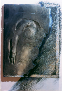 Heather Dorrough Fragmented cast mounted on drawing, 1985; plaster, sand, acrylic paint, charcoal; 152 x 110 x 6 cm; enquire