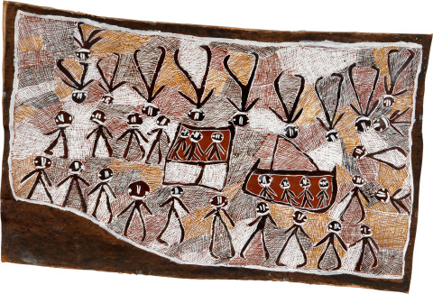 Nyapanyapa Yunupiŋu Japanese in Port Bradshaw 2, 2008; natural earth pigments on bark; 93 x 157 cm; enquire