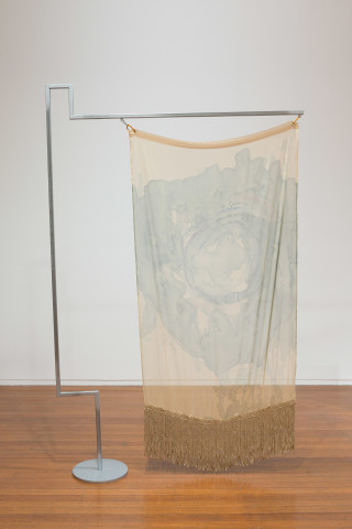 Mikala Dwyer Flags, 2018; painted steel, fabric, carabiner; 253 x 160 x 36 cm; (V); enquire